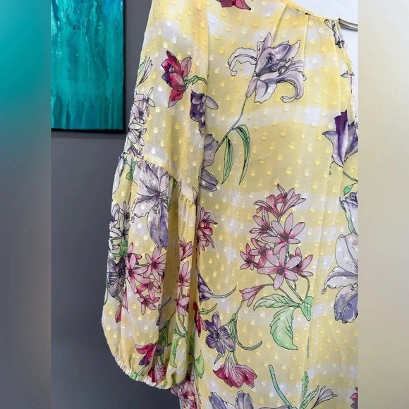 Women’s Small Swiss Dot SHEER Yellow Floral Blouse Keyhole‎ Cottagecore Dainty - Picture 13 of 16